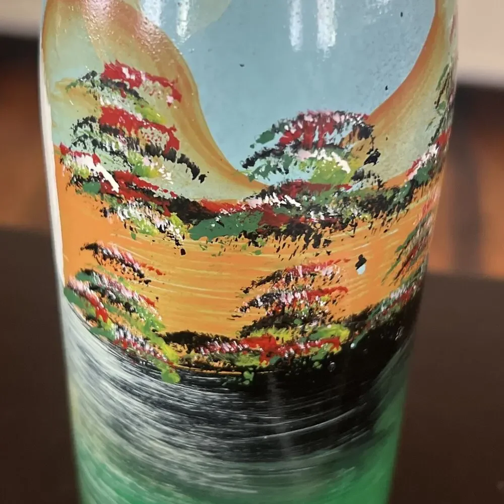 Hand Painted Glass Decorative Bottle Landscape Design Light Blue Green Bohemian